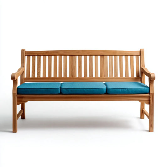 Ławka ogrodowa, 3-osobowa ławka ogrodowa Naturalna niebieski 150 x 65 x 95 cm z drewna tekowego z poliestrową poduszką siedzenia