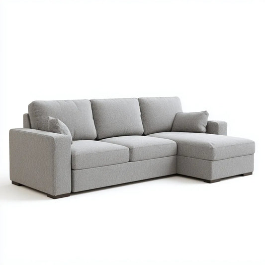 Sofa, Kanapa narożna z jasnoszarym otomanem 250 x 160 x 85 cm poliestrowy kształt L