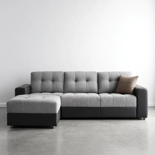 Sofa, Kanapa narożna z szarym ottomańskim 260 x 160 x 85 cm poliestrowym i polipropylenowym sztucznym skórzanym kształtem