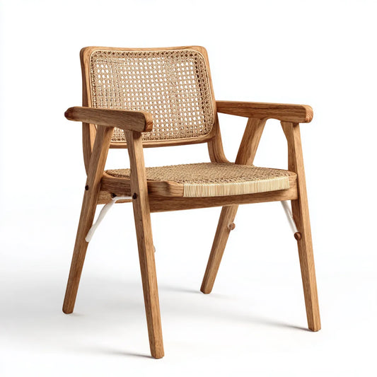 Krzesło jadalni z podłokietnikami naturalny brąz 56 x 58 x 80 cm litego drewna i rattan Siedzenie prostokątne